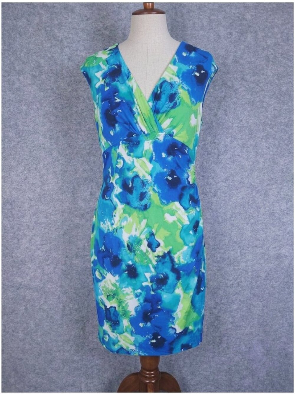 Lauren Ralph Lauren Faux Wrap Dress Size 16 Blue Green Floral Ruched Cap Sleeve